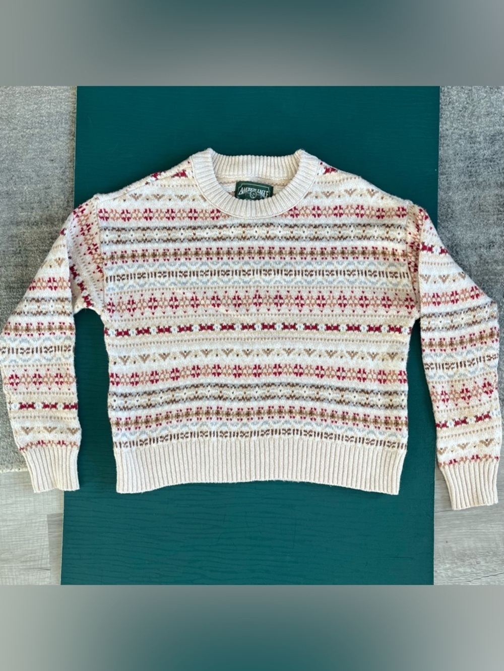 American Eagle Heritage Fair Isle Crewneck Knit Sweater Size XS Cream Soft Cozy